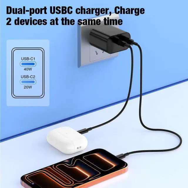 Alt view image 3 of 7 - Dual Port Type-C Fast Charger 60W(in total) for Samsung Galaxy S26 Ultra, 6/6/10/10FT PD3.0 USBC Fast Charging Cable/Cord for Galaxy S26 S25 S24 S23 S22 Plus,Android Phone, iPhone 17/16/15 Pro Max,Tab