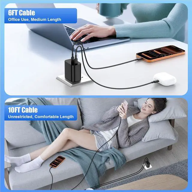 Alt view image 6 of 7 - Dual Port Type-C Fast Charger 60W(in total) for Samsung Galaxy S26 Ultra, 6/6/10/10FT PD3.0 USBC Fast Charging Cable/Cord for Galaxy S26 S25 S24 S23 S22 Plus,Android Phone, iPhone 17/16/15 Pro Max,Tab