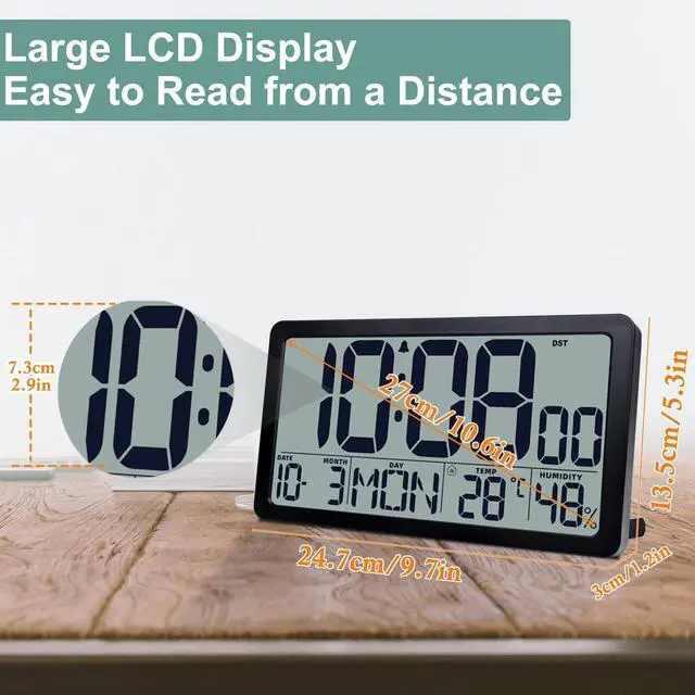 Alt view image 2 of 7 - Atomic Wall Clock Battery Operated,10.5 inch Digtial Desk Clock with Temperature and Humidity,Self-Setting Alarm Clocks with 57 Ringtones,Auto DST, Large LCD Display for Seniors Batteries Included