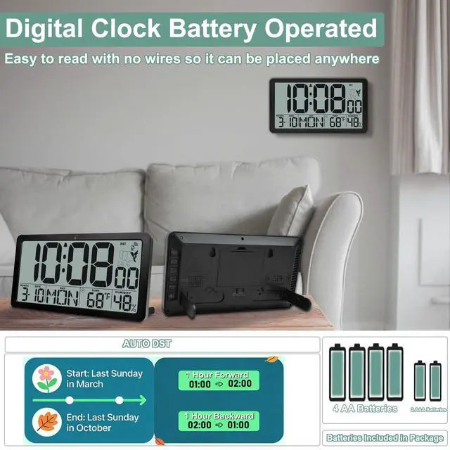 Alt view image 3 of 7 - Atomic Wall Clock Battery Operated,10.5 inch Digtial Desk Clock with Temperature and Humidity,Self-Setting Alarm Clocks with 57 Ringtones,Auto DST, Large LCD Display for Seniors Batteries Included
