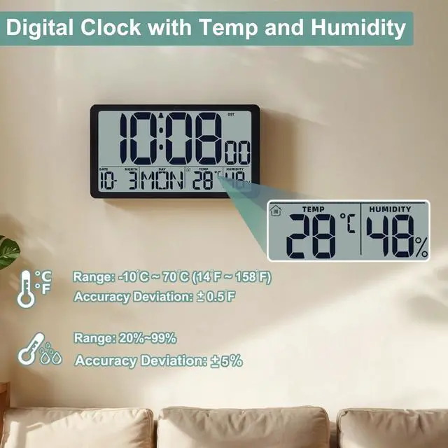 Alt view image 5 of 7 - Atomic Wall Clock Battery Operated,10.5 inch Digtial Desk Clock with Temperature and Humidity,Self-Setting Alarm Clocks with 57 Ringtones,Auto DST, Large LCD Display for Seniors Batteries Included