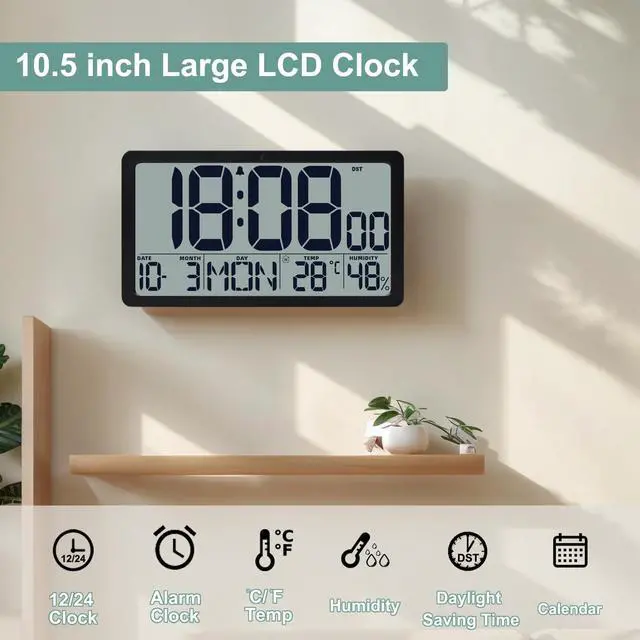 Alt view image 6 of 7 - Atomic Wall Clock Battery Operated,10.5 inch Digtial Desk Clock with Temperature and Humidity,Self-Setting Alarm Clocks with 57 Ringtones,Auto DST, Large LCD Display for Seniors Batteries Included