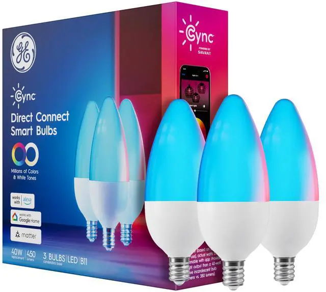 Main image of GE Cync Smart LED Light Bulbs, Color Changing Decorative Light Bulbs, Indoor WiFi Lights, Matter Compatible, Compatible with Alexa and Google Home, Candelabra Base (3 Pack)