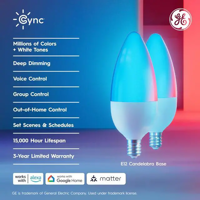 Alt view image 2 of 7 - GE Cync Smart LED Light Bulbs, Color Changing Decorative Light Bulbs, Indoor WiFi Lights, Matter Compatible, Compatible with Alexa and Google Home, Candelabra Base (3 Pack)