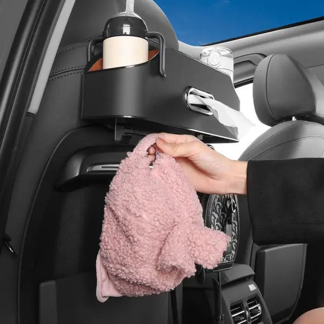 Alt view image 5 of 7 - Car Seat Back Organizer - Stylish & Functional Storage for Family Adventures - Cup Holders, Tissue Box & Hooks - Perfect for Kids, Road Trips & Travel (Black)