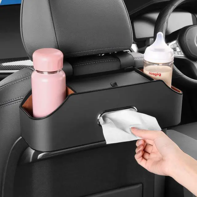 Alt view image 3 of 7 - Car Seat Back Organizer - Stylish & Functional Storage for Family Adventures - Cup Holders, Tissue Box & Hooks - Perfect for Kids, Road Trips & Travel (Black)