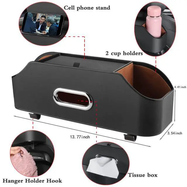 Alt view image 7 of 7 - Car Seat Back Organizer - Stylish & Functional Storage for Family Adventures - Cup Holders, Tissue Box & Hooks - Perfect for Kids, Road Trips & Travel (Black)