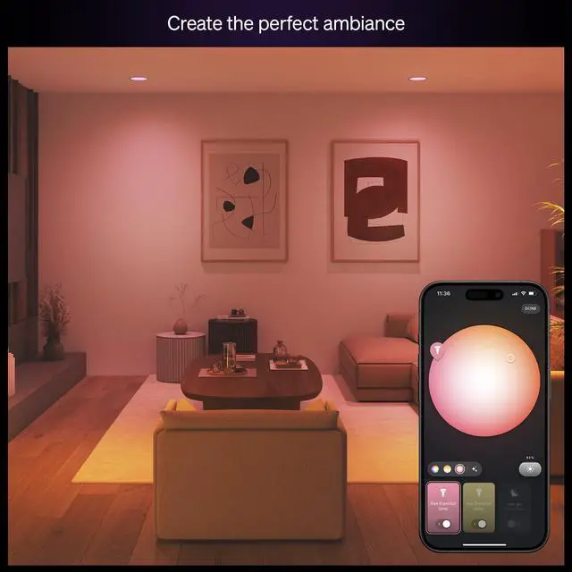 Alt view image 3 of 7 - Essential Smart LED BR30 Bulb 2-Pack, White and Color Ambiance, E26, 7.2W, 2200K-6500K, 650 Lumens, Dimmable LED Bulbs, Works with Alexa, Google Assistant, Apple Home