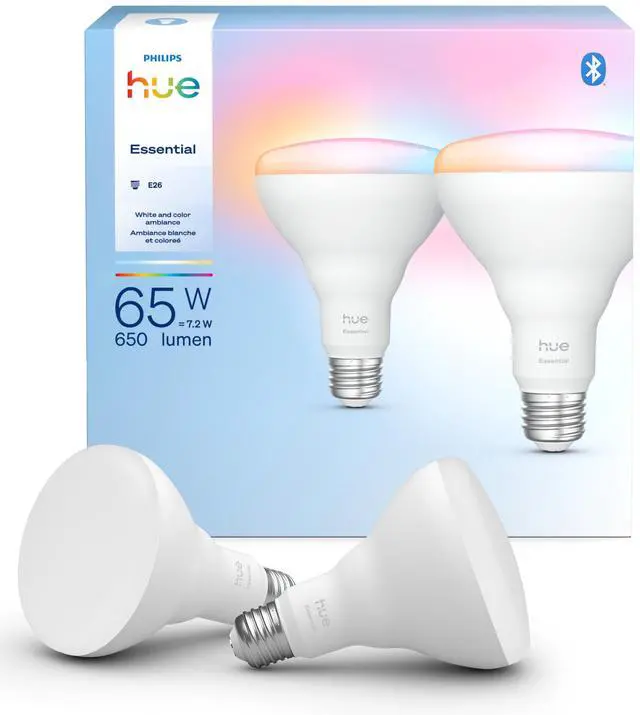 Main image of Essential Smart LED BR30 Bulb 2-Pack, White and Color Ambiance, E26, 7.2W, 2200K-6500K, 650 Lumens, Dimmable LED Bulbs, Works with Alexa, Google Assistant, Apple Home