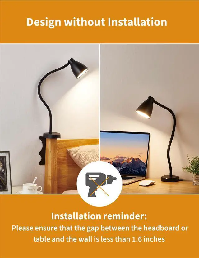Alt view image 4 of 7 - No Install Bedside Reading Light, Clip-Free Wall Mounted Lamp Black