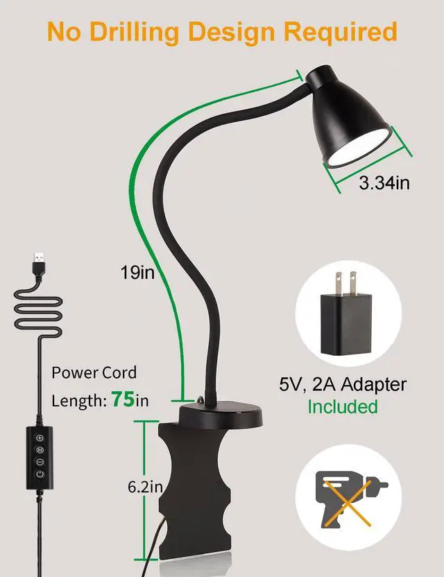 Alt view image 6 of 7 - No Install Bedside Reading Light, Clip-Free Wall Mounted Lamp Black