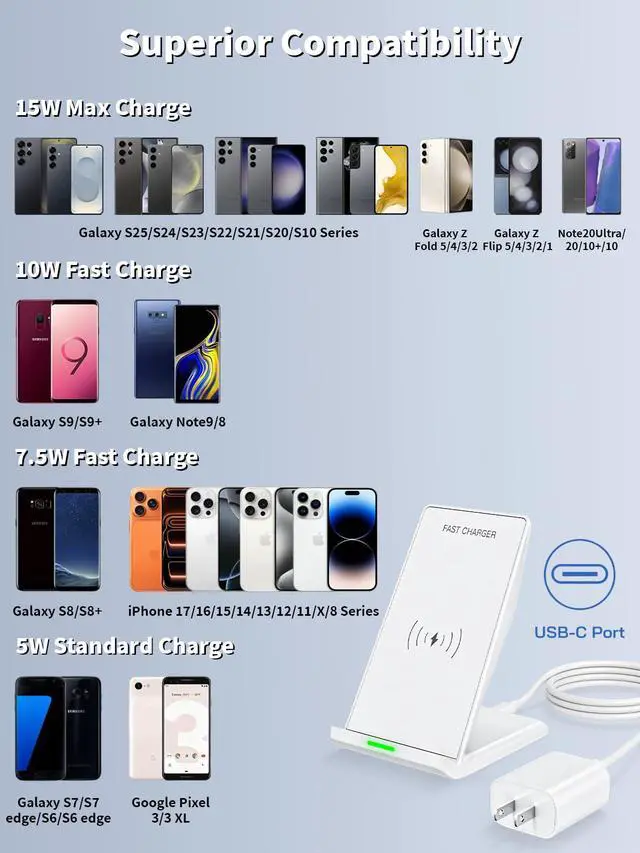 Alt view image 6 of 7 - Wireless Phone Charger Stand,15W Fast Android Wireless Charger Station for iPhone 17/17 Air/17 Pro Max/15/14/13, 15W Fast Charging for Samsung Galaxy S23 S22 S21 with 20W USB C Charging Block Adapter