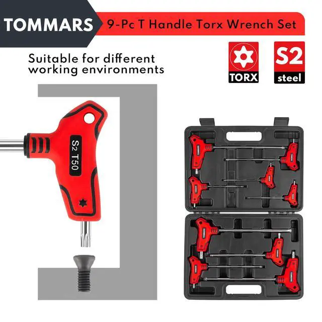Alt view image 6 of 6 - 9PC T Handle Torx Wrench Set, S2 Steel, T10 - T50 Tamper Proof Star Key Set