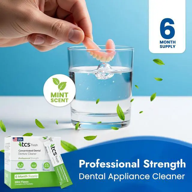 Alt view image 2 of 7 - Fresh Denture Cleaner Professional Strength Concentrated Cleanser Mint Powder for Dental Cleaning For Dentures, Night Guards, Aligners & Retainer Cleaner 24 Packets (6 Month Supply)