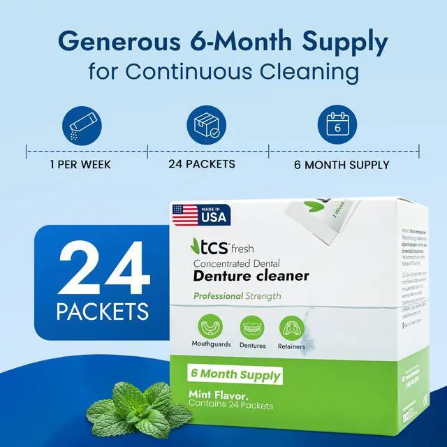 Alt view image 4 of 7 - Fresh Denture Cleaner Professional Strength Concentrated Cleanser Mint Powder for Dental Cleaning For Dentures, Night Guards, Aligners & Retainer Cleaner 24 Packets (6 Month Supply)