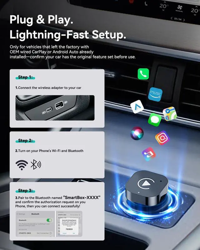 Alt view image 7 of 7 - Wireless CarPlay Adapter USB C, 2nd Gen 2-in-1 Android Auto Wireless Dongle, 2026 Upgraded Wired to Wireless Converter for 2016+ Factory CarPlay Cars, No Lag Fast Connect, USB-A Included