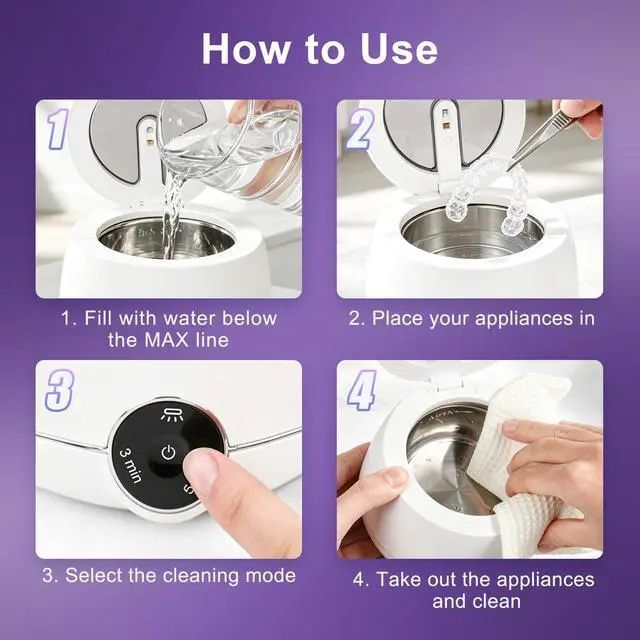 Alt view image 7 of 7 - Ultrasonic Retainer Cleaner, Retainer Cleaner Machine for Dentures & Invisalign, 45kHz UV Dental Cleaner Removes Stains & Buildup, 3 Modes, 200ml for Aligners, Mouth Guards