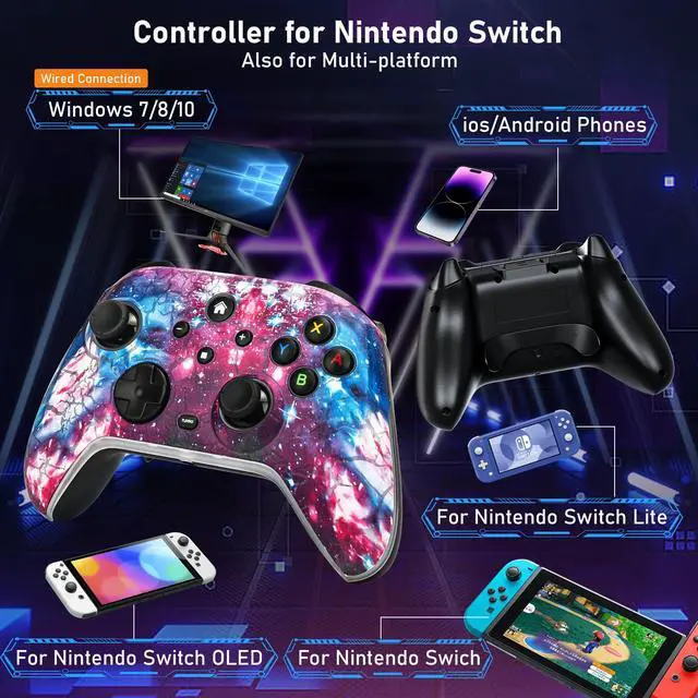 Alt view image 2 of 7 - Switch Controllers for Nitendo Switch/Lite/OLED, 1200mAh Wireless Switch Pro Controller, 10 Colors Light & Cool Nebula Design, Switch Turbo controller with Vibration/Motion Control/Turbo/Gyro/Wake up