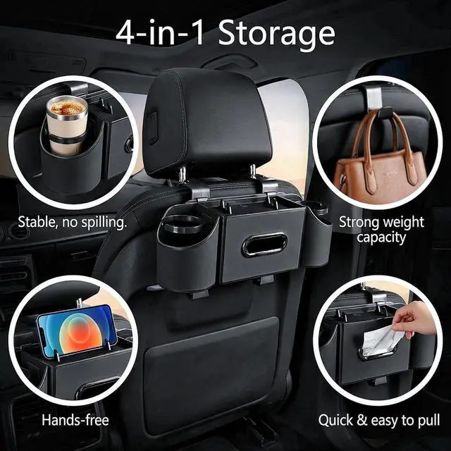Alt view image 2 of 7 - Back Seat Car Organizer, Nappa Leather Car Seat Organizer with Cup Holders and Tissue Box, Premium Hanging Storage Bag for SUV Truck Road Trip (Black)