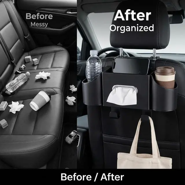 Alt view image 4 of 7 - Back Seat Car Organizer, Nappa Leather Car Seat Organizer with Cup Holders and Tissue Box, Premium Hanging Storage Bag for SUV Truck Road Trip (Black)