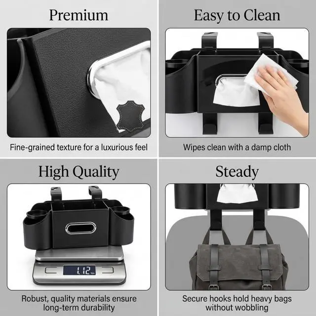 Alt view image 5 of 7 - Back Seat Car Organizer, Nappa Leather Car Seat Organizer with Cup Holders and Tissue Box, Premium Hanging Storage Bag for SUV Truck Road Trip (Black)