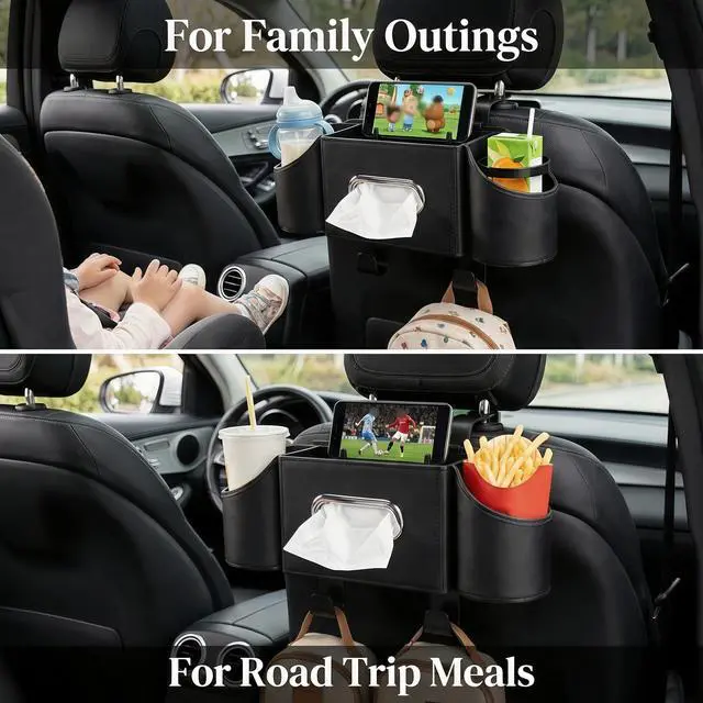 Alt view image 3 of 7 - Back Seat Car Organizer, Nappa Leather Car Seat Organizer with Cup Holders and Tissue Box, Premium Hanging Storage Bag for SUV Truck Road Trip (Black)