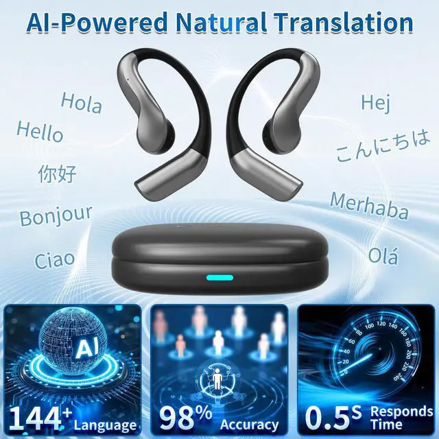 Alt view image 2 of 7 - AI Translation Earbuds Real Time, 144 Languages Translator Earbuds, Bluetooth Open-Ear Translating Earbuds with 30H Playtime, Instant Voice Translator Device for Travel, Business, Learning, Black