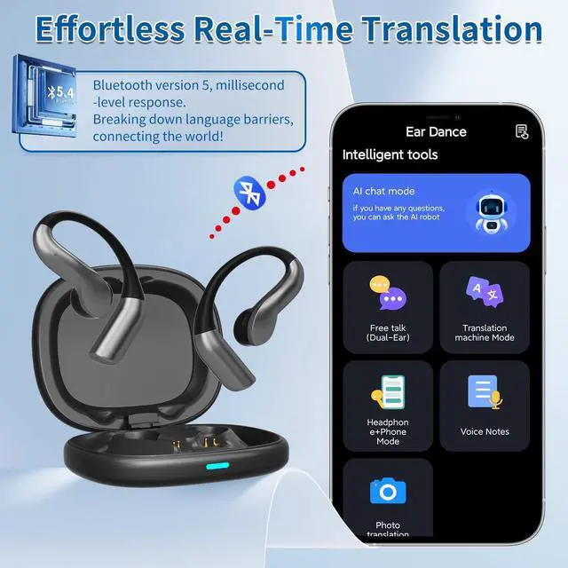 Alt view image 3 of 7 - AI Translation Earbuds Real Time, 144 Languages Translator Earbuds, Bluetooth Open-Ear Translating Earbuds with 30H Playtime, Instant Voice Translator Device for Travel, Business, Learning, Black