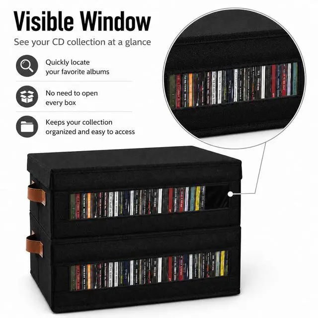 Alt view image 2 of 7 - 4 Packs CD Storage Box with Visible Window, Stackable CD Case Holder with Dustproof Lid and Handles, Holds Up to 148 CDs in Full Jewel Cases-15.75 x 6.10 x 5.31 Inches-Black