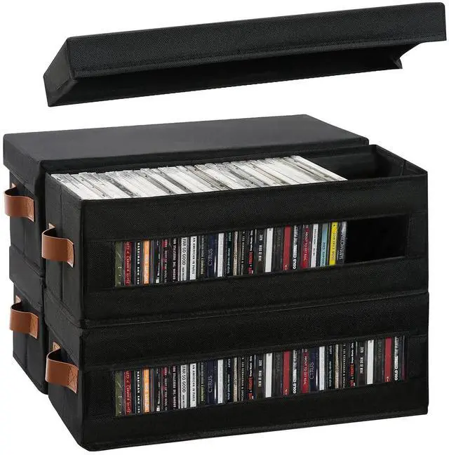 Main image of 4 Packs CD Storage Box with Visible Window, Stackable CD Case Holder with Dustproof Lid and Handles, Holds Up to 148 CDs in Full Jewel Cases-15.75 x 6.10 x 5.31 Inches-Black