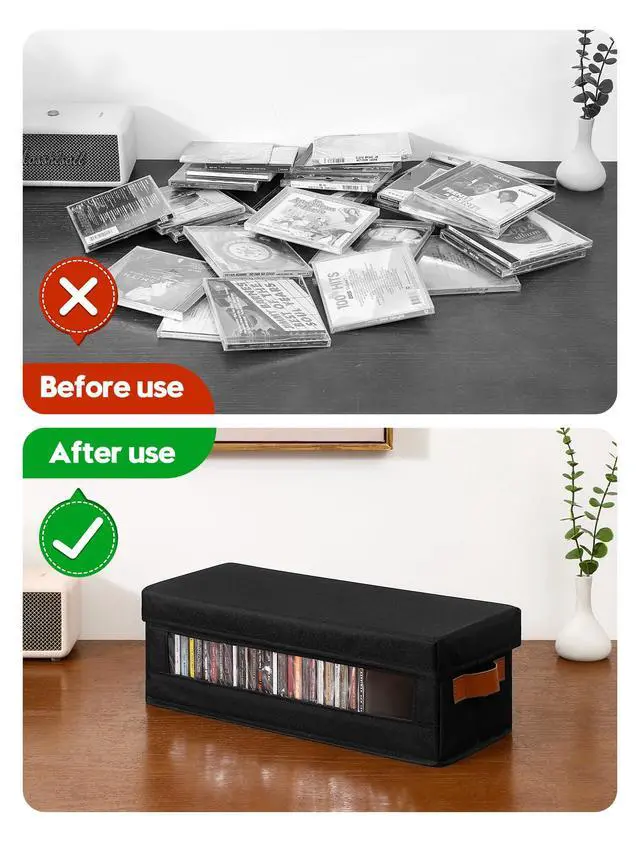 Alt view image 4 of 7 - 4 Packs CD Storage Box with Visible Window, Stackable CD Case Holder with Dustproof Lid and Handles, Holds Up to 148 CDs in Full Jewel Cases-15.75 x 6.10 x 5.31 Inches-Black