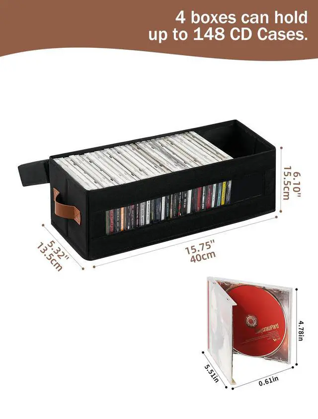 Alt view image 3 of 7 - 4 Packs CD Storage Box with Visible Window, Stackable CD Case Holder with Dustproof Lid and Handles, Holds Up to 148 CDs in Full Jewel Cases-15.75 x 6.10 x 5.31 Inches-Black