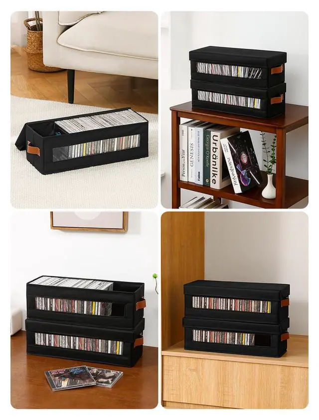 Alt view image 7 of 7 - 4 Packs CD Storage Box with Visible Window, Stackable CD Case Holder with Dustproof Lid and Handles, Holds Up to 148 CDs in Full Jewel Cases-15.75 x 6.10 x 5.31 Inches-Black