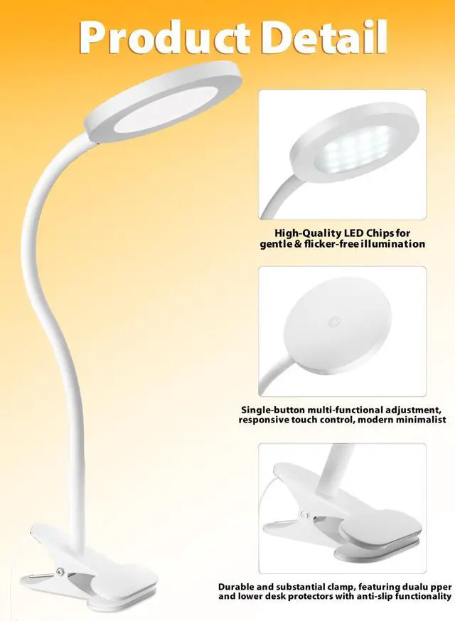 Alt view image 3 of 6 - White Clip On Reading Light, 450LM Book Light, CRI95, 3 Modes Stepless Dim