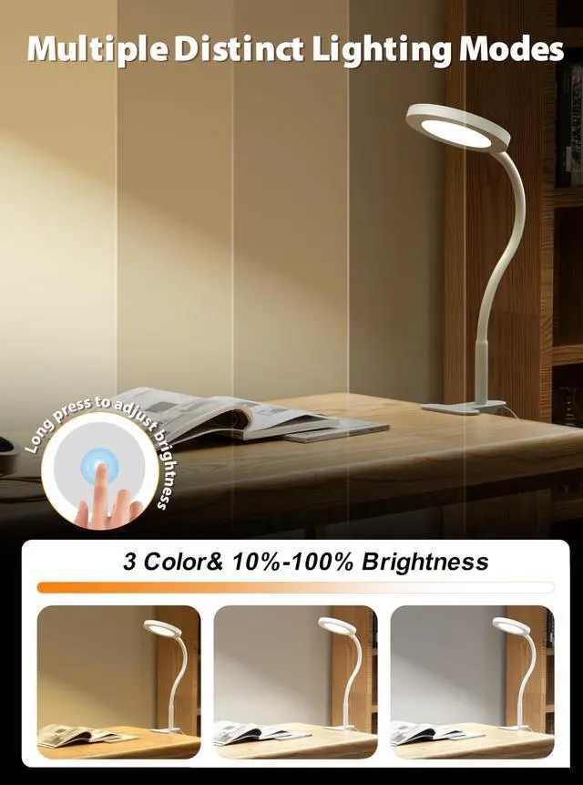 Alt view image 5 of 6 - White Clip On Reading Light, 450LM Book Light, CRI95, 3 Modes Stepless Dim