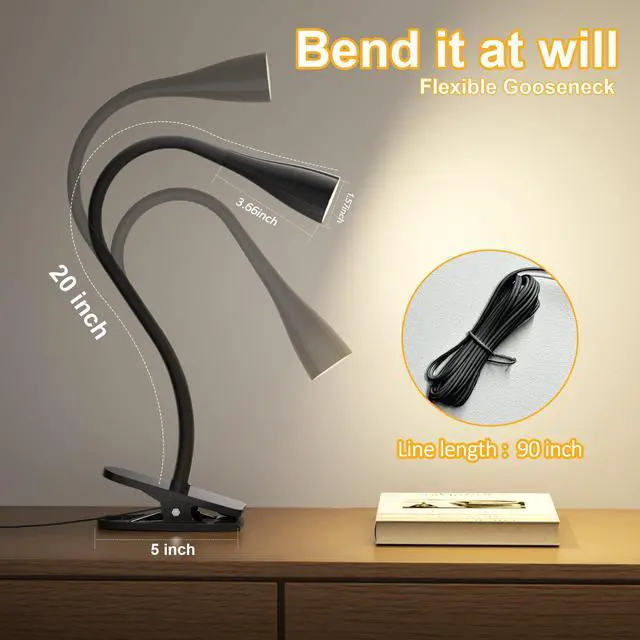 Alt view image 2 of 6 - Book Light for Reading in Bed, Eye-Caring LED Reading Light, 360° Flexible Clip on headboard lamp, 5W 3000k Desk Lamp with Clamp for Bedroom, Office, Painting, Workbench and Sewing, Black