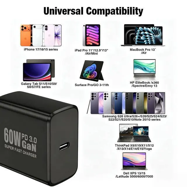 Alt view image 6 of 6 - 60W USB C Charger Block, Super Fast Charger Android 10ft C to C Cable Cord Long, Type C Laptop Charging Power Adapter for MacBook Pro/Samsung Galaxy S26 S25 S24 S23 S22 S21 Ultra/Plus/iPhone 17 16 15