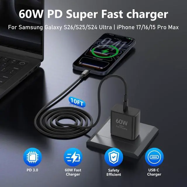 Alt view image 3 of 7 - 2Pack 60W USB C Fast Charger for Samsung Galaxy S26 Ultra/S26+/S26, PD 3.0 Type C Wall Charger Block with 6FT & 10FT USB C to C Cable, Super Fast Charging for S25 Ultra/S24/S23, iPhone 17/16/15