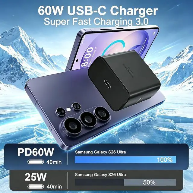 Alt view image 2 of 7 - 60W USB C Fast Charger Block,Wall Charging Plug & Long Type C Cable Cord 3ft/6ft/10ft,USB-C Charge Adapter Brick Cube Box for Samsung Galaxy S26 Ultra/S25+/S24/S23/S22/Note/Z Fold,iPhone 17 16 15,iPad