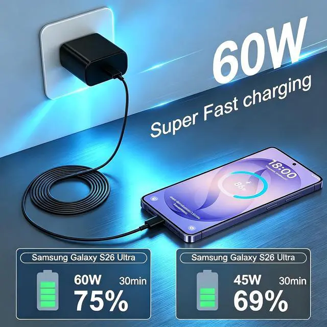 Alt view image 3 of 7 - 60W USB C Fast Charger Block,Wall Charging Plug & Long Type C Cable Cord 3ft/6ft/10ft,USB-C Charge Adapter Brick Cube Box for Samsung Galaxy S26 Ultra/S25+/S24/S23/S22/Note/Z Fold,iPhone 17 16 15,iPad