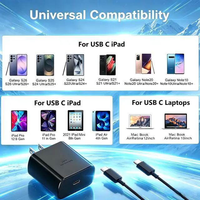 Alt view image 7 of 7 - 60W USB C Fast Charger Block,Wall Charging Plug & Long Type C Cable Cord 3ft/6ft/10ft,USB-C Charge Adapter Brick Cube Box for Samsung Galaxy S26 Ultra/S25+/S24/S23/S22/Note/Z Fold,iPhone 17 16 15,iPad