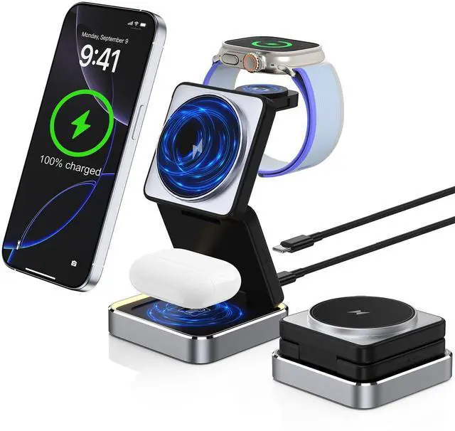 Main image of Wireless Charging Station 3 in 1 for Apple Devices, Foldable Magnetic MagSafe Charger Stand, Portable Fast Travel Charger for iPhone 17 Pro Max/ 17 Air/16/15/14/13/12/11/Apple Watch Series/Airpods