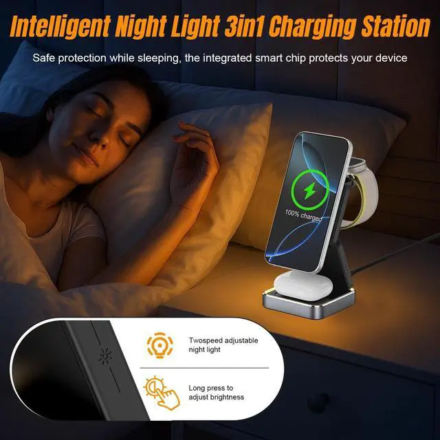 Alt view image 5 of 7 - Wireless Charging Station 3 in 1 for Apple Devices, Foldable Magnetic MagSafe Charger Stand, Portable Fast Travel Charger for iPhone 17 Pro Max/ 17 Air/16/15/14/13/12/11/Apple Watch Series/Airpods
