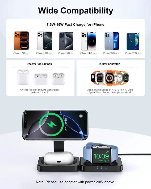 Alt view image 4 of 7 - Traveling Magnetic Wireless Charging Station - ADADPU 3 in 1 Foldable Charger Stand for Apple Devices, Travel Charging Pad for iPhone 17 16 15 14 13 12 Pro Max Plus, for Apple Watch AirPods, Black