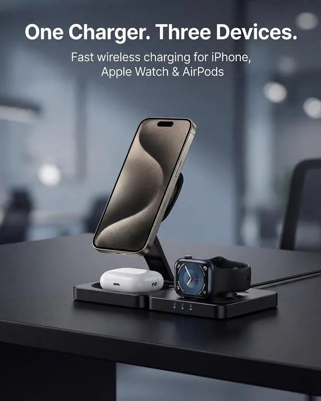 Alt view image 3 of 7 - Traveling Magnetic Wireless Charging Station - ADADPU 3 in 1 Foldable Charger Stand for Apple Devices, Travel Charging Pad for iPhone 17 16 15 14 13 12 Pro Max Plus, for Apple Watch AirPods, Black