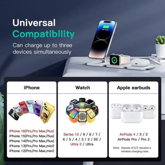 Alt view image 4 of 7 - 3 in 1 Wireless Charging Station for Apple Devices, Foldable iPhone Charging Station for iPhone 17/16/15/14/13/12, Apple Watch & AirPods with Magsafe, Travel Essentials Wireless Charger (White)