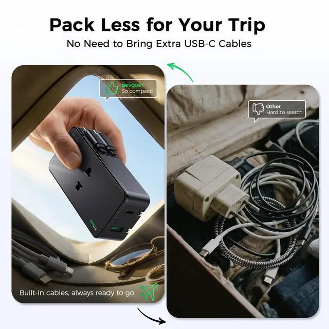 Alt view image 2 of 7 - Travel Adapter for Europe with 2 Built-in Retractable USB-C Cables, 20W Slim EU Plug Adapter with 1 AC Outlet, 1 USB-A & 1 USB-C Ports, Type C European Plug (Not a Voltage Converter)