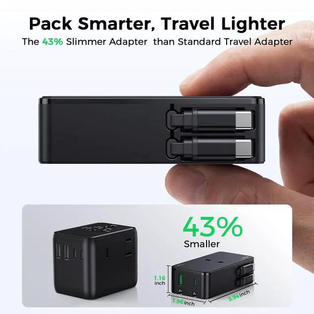Alt view image 4 of 7 - Travel Adapter for Europe with 2 Built-in Retractable USB-C Cables, 20W Slim EU Plug Adapter with 1 AC Outlet, 1 USB-A & 1 USB-C Ports, Type C European Plug (Not a Voltage Converter)