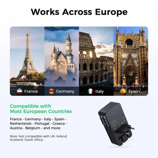 Alt view image 5 of 7 - Travel Adapter for Europe with 2 Built-in Retractable USB-C Cables, 20W Slim EU Plug Adapter with 1 AC Outlet, 1 USB-A & 1 USB-C Ports, Type C European Plug (Not a Voltage Converter)