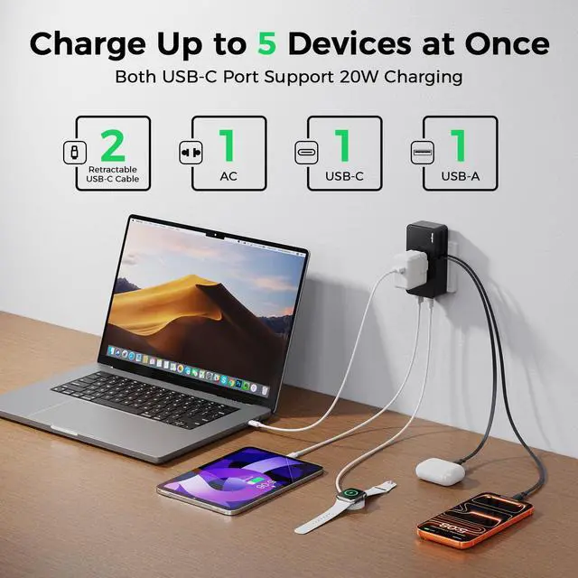 Alt view image 6 of 7 - Travel Adapter for Europe with 2 Built-in Retractable USB-C Cables, 20W Slim EU Plug Adapter with 1 AC Outlet, 1 USB-A & 1 USB-C Ports, Type C European Plug (Not a Voltage Converter)
